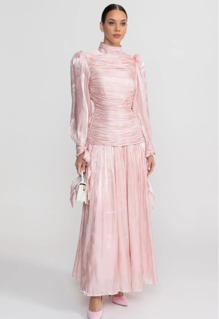 Long Ruched Long Sleeve Dress with Pleated Skirt - Blush Pink