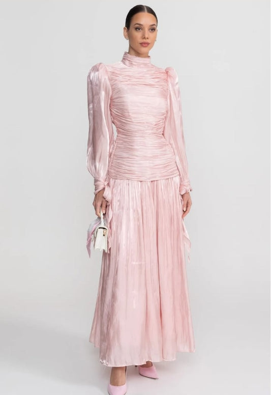 Long Ruched Long Sleeve Dress with Pleated Skirt - Blush Pink