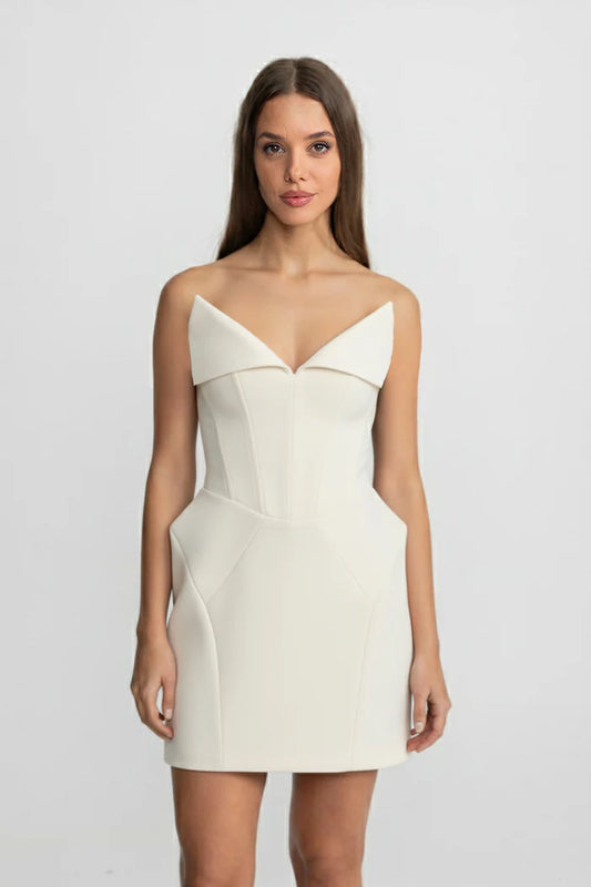 Structured Corset Mini Dress With Folded Collar-style Neckline – White