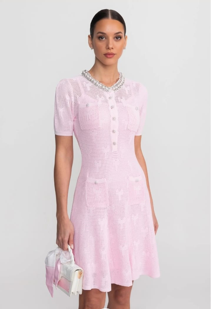 Textured Short Sleeve Mini Dress With Pearl Trim Neckline And Crystal Buttons - Pink