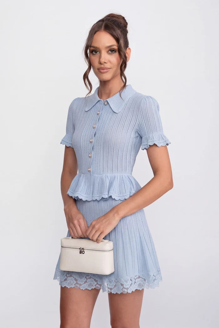 Polo-Collar with Button Top and Mini Skirt Set - Blue
