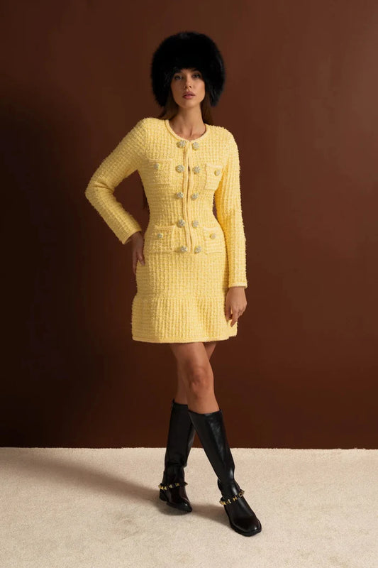 Embellished Tweed Mini Dress With Jewel Buttons – Yellow