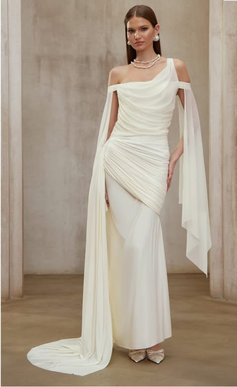 Aurianne White Asymmetrical Draped Maxi Dress