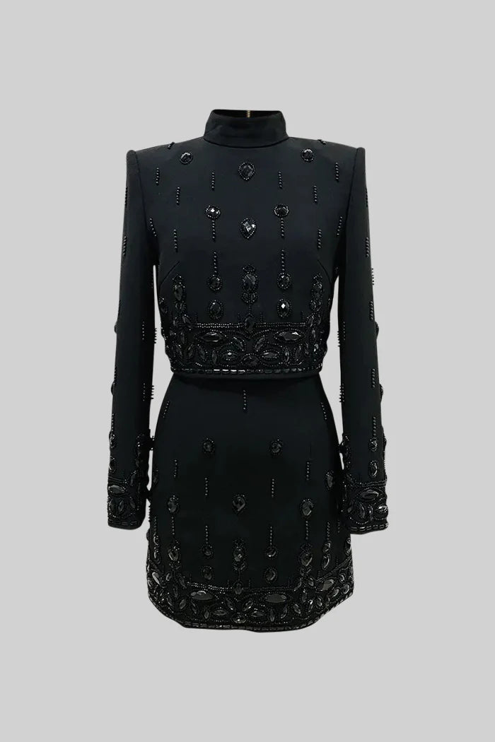 Diamond Embellished Co-Ord with Mini Skirt - Black