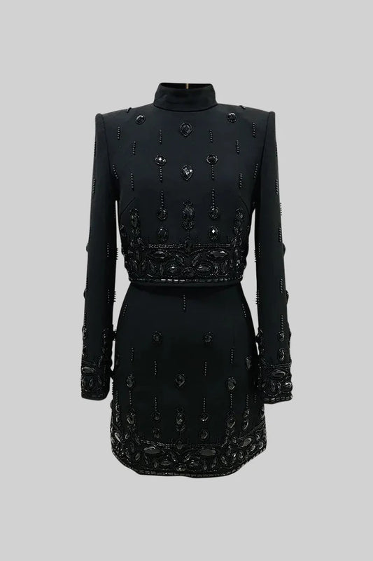 Diamond Embellished Co-Ord with Mini Skirt - Black