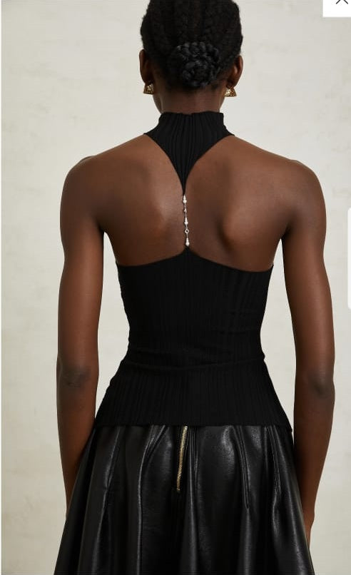 Gabrielle Black Halterneck Ribbed Knit Top