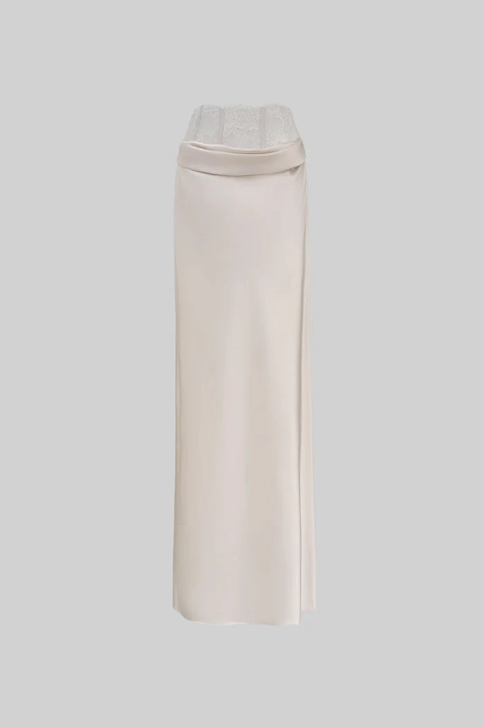 Satin Maxi Pencil Skirt with Lace Corset Waist – Ivoire