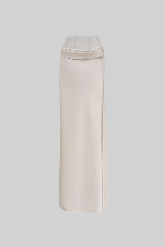 Satin Maxi Pencil Skirt with Lace Corset Waist – Ivoire