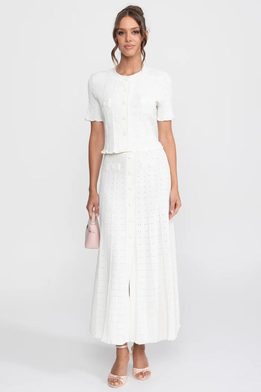 Ribbed Knit Co-Ord Set With Buttoned Front Cardigan And Matching Maxi Skirt - White