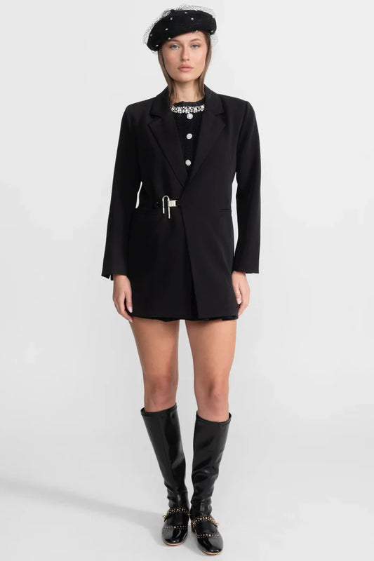 Single-breasted Tailored Belted Blazer – Black