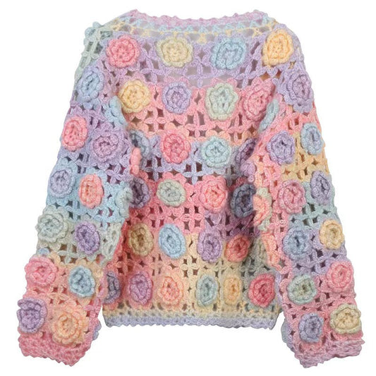 Handmade rainbow rose hollow crochet coat