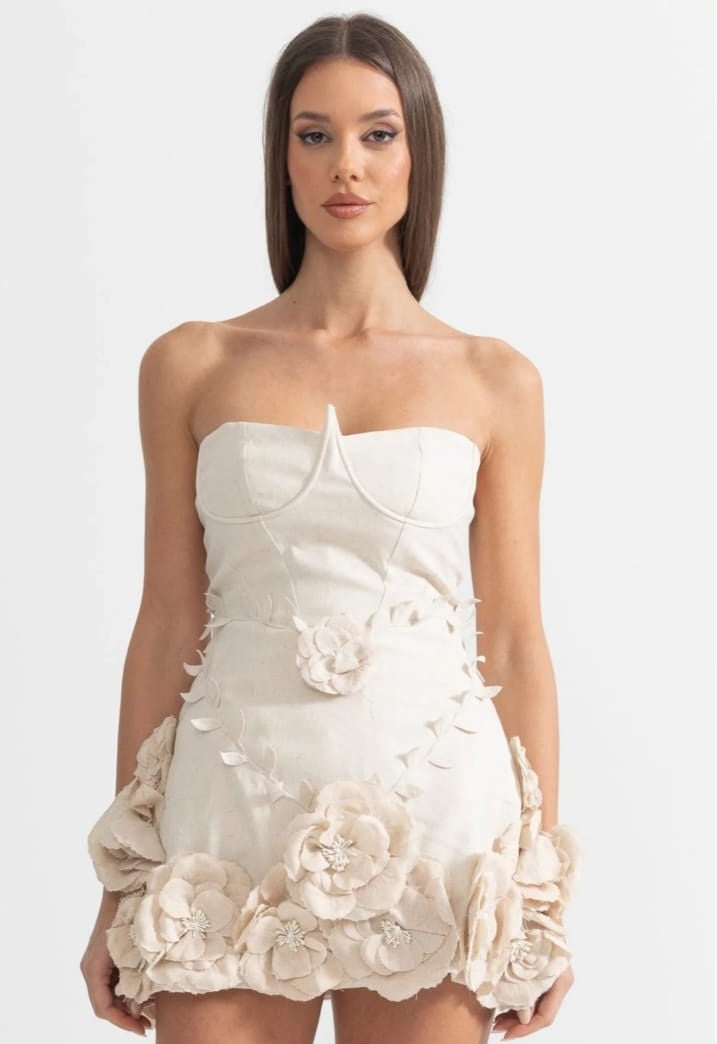 New Bustier Dress With 3D Floral Appliqués - Ivoire