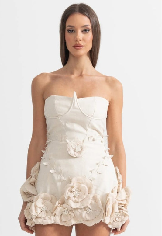 New Bustier Dress With 3D Floral Appliqués - Ivoire