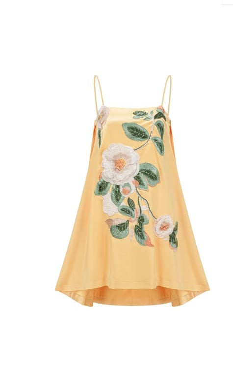 Avril Yellow Floral Embroidered Mini Dress