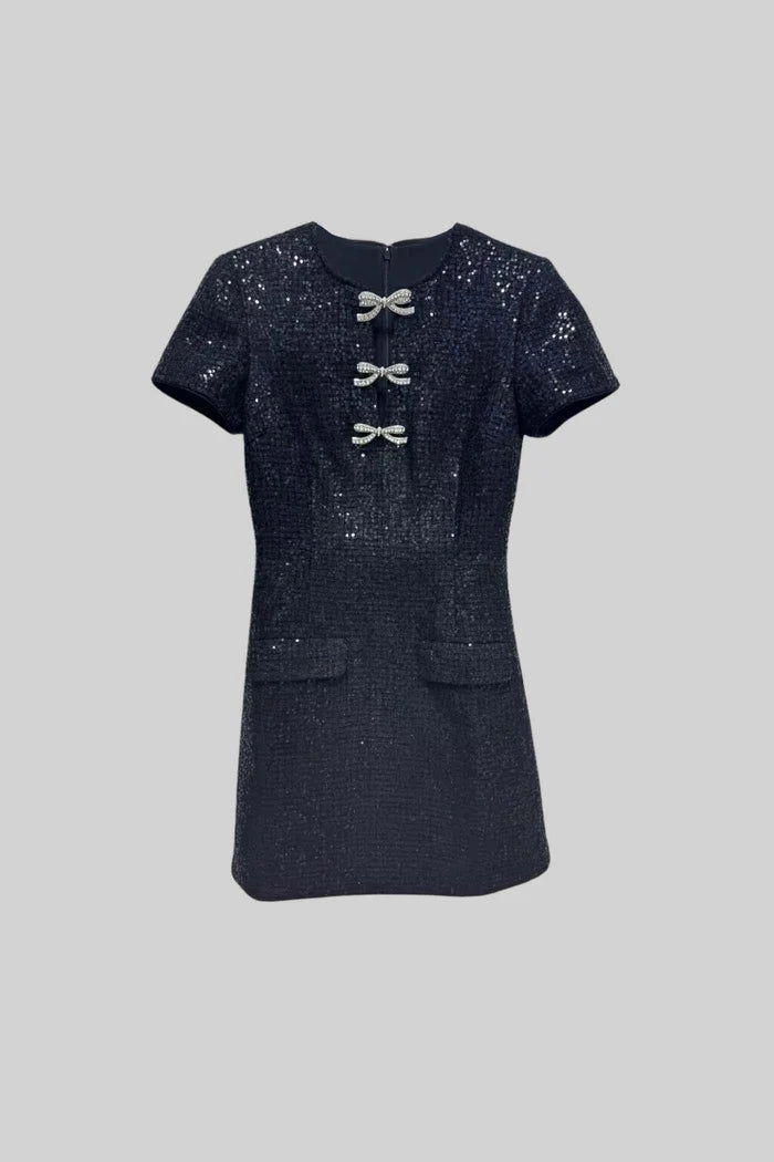 Short Sleeved Sequin Mini Dress With Sparkling Neckline Bows - Black