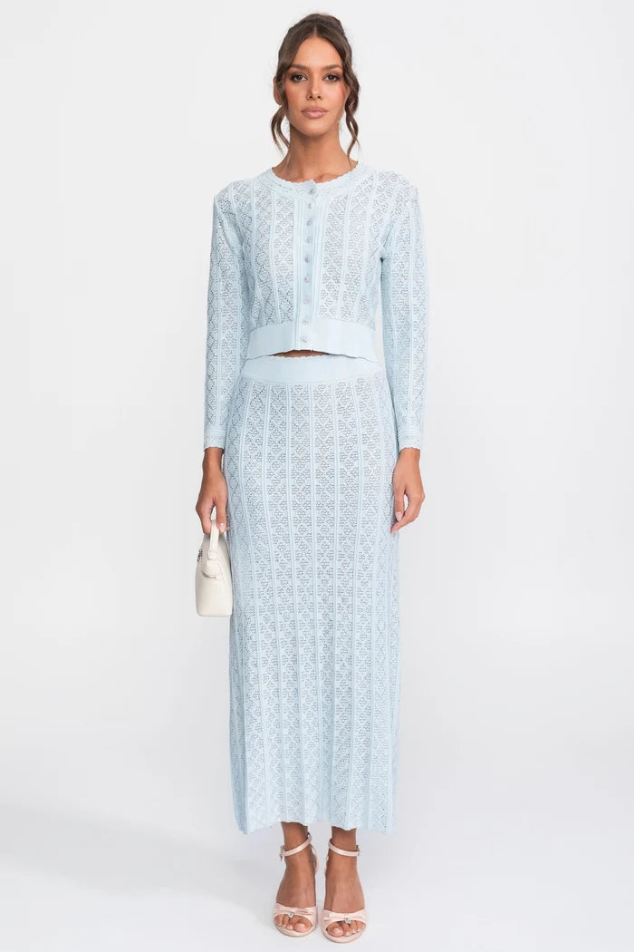 Eyelet Knit Co-Ord Set With Cardigan And Maxi Skirt - Light Blue
