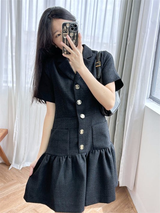 Waist Short Sleeve Lapel Little Black Dress