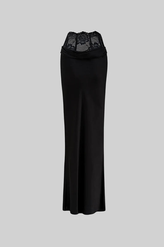 Satin Maxi Pencil Skirt with Lace Corset Waist – Black