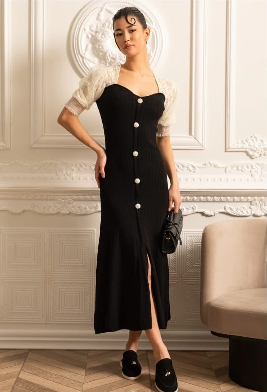 Ankle-Length Dress With Contrasting Sheer Lace Sleeves - Black