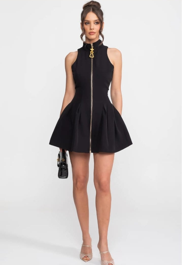 Sleeveless Mini Dress With Gold Front Zipper - Black