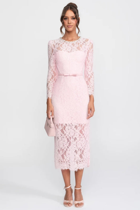 Lace Trim Midi Dress With Crystal Neckline And Matching Belt - Pink