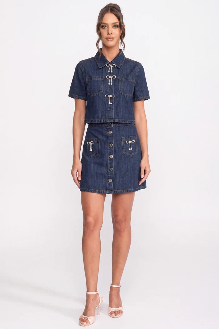 Denim Shirt And A-Line Skirt Co-Ord Set With Sparkling Bow Details - Blue