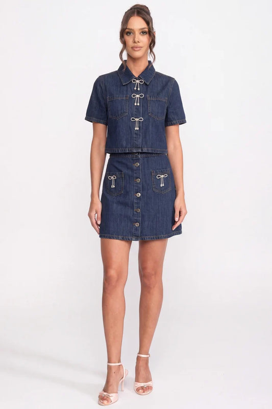 Denim Shirt And A-Line Skirt Co-Ord Set With Sparkling Bow Details - Blue