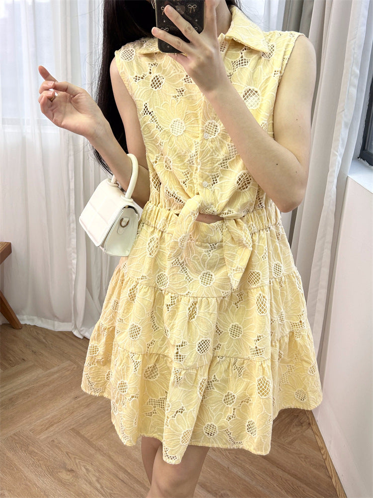 Yellow waist tie daisy cutout dress