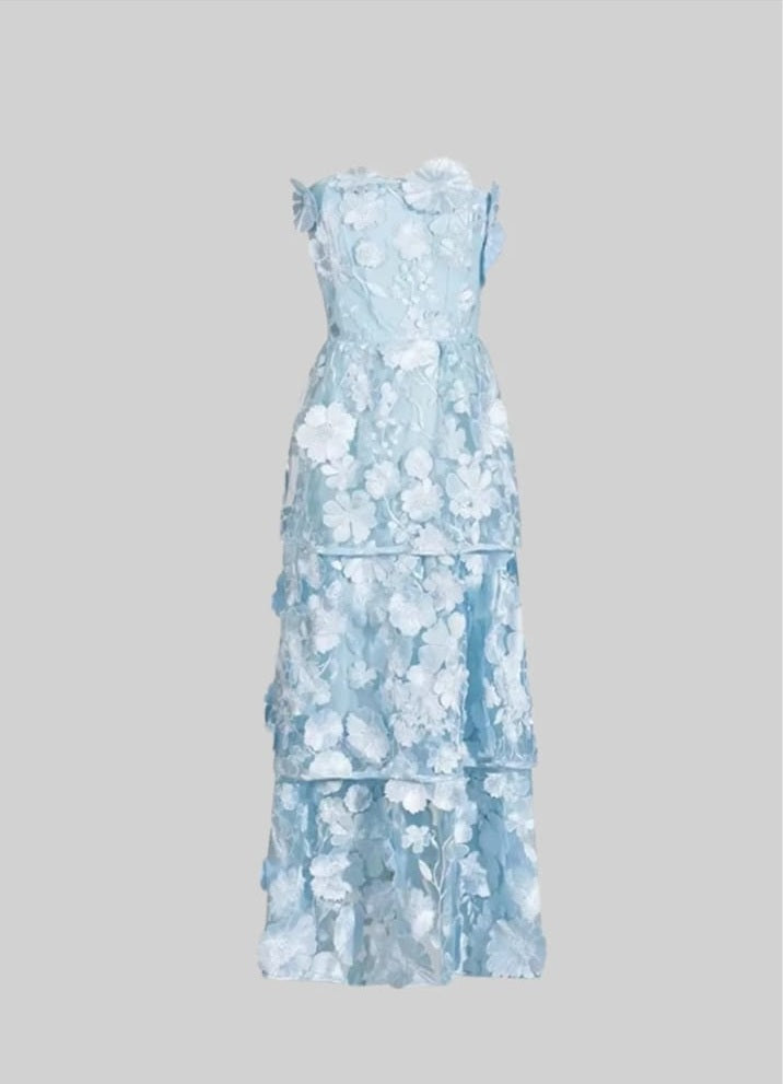 Layered Sheer Dress With Fitted Waist And Floral Appliques - Light Blue