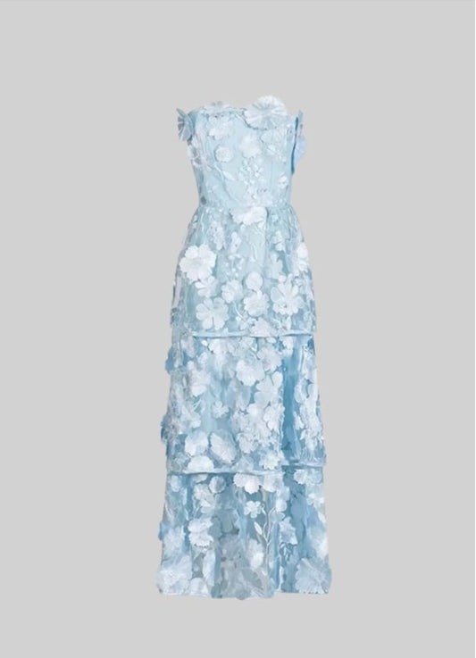 Layered Sheer Dress With Fitted Waist And Floral Appliques - Light Blue