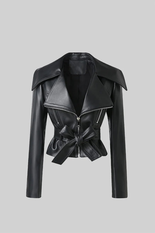 Wide Lapel Leather Jacket With Belt - Black