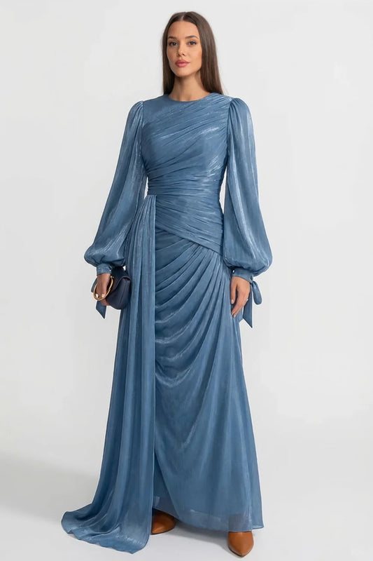 Draped Long-Sleeve Maxi Dress with Gathered Waist – Light Blue
