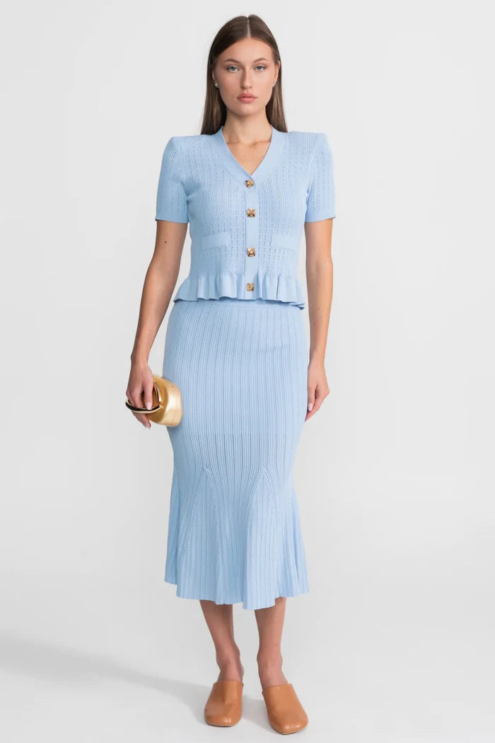 Knit Midi Co-Ord with Peplum Waist and Gold Buttons – Baby Blue