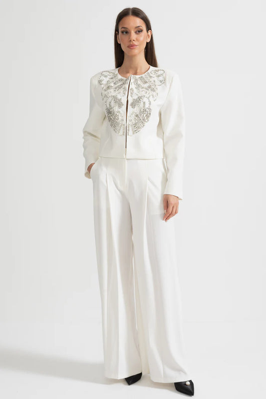 Embellished Jacket and Wide-Leg Trousers Co-Ord Set with Ornate Beadwork - White