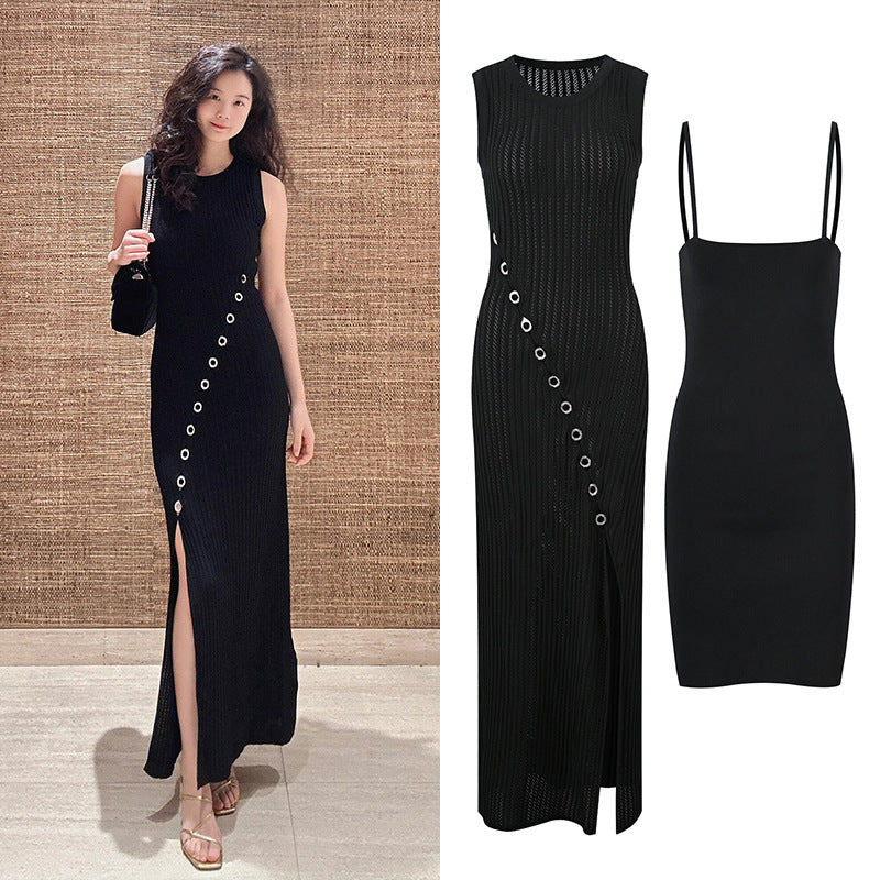 New Black High Waist Diamond Trim Split Knit Dress + Camisole Underneath