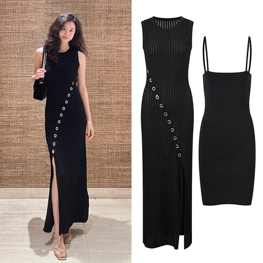 New Black High Waist Diamond Trim Split Knit Dress + Camisole Underneath