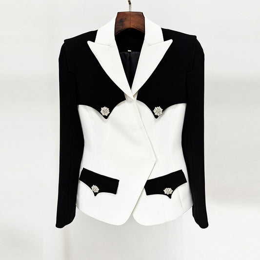 Black and white  contrasting slim diamond buckle blazer