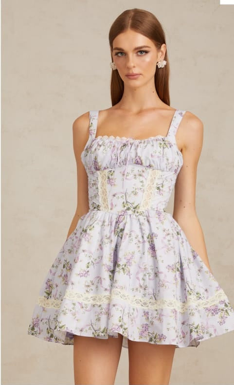 Apolline Lilac Lace Trim Floral Mini Dress