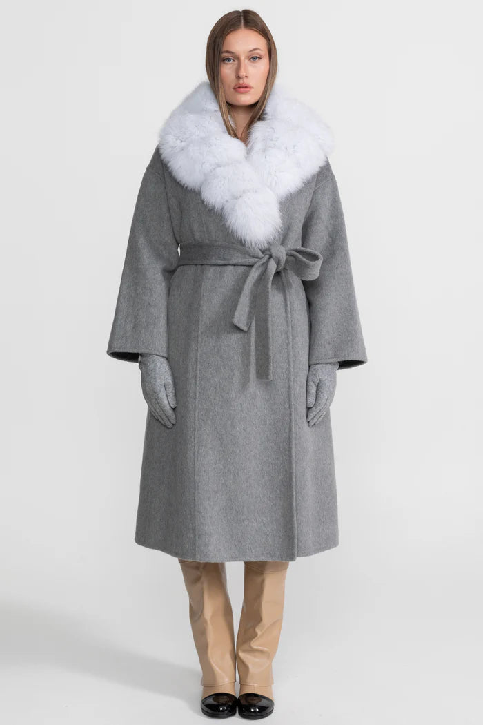 Wool Wrap Coat with Fox Fur Collar And Tie Belt – Gray