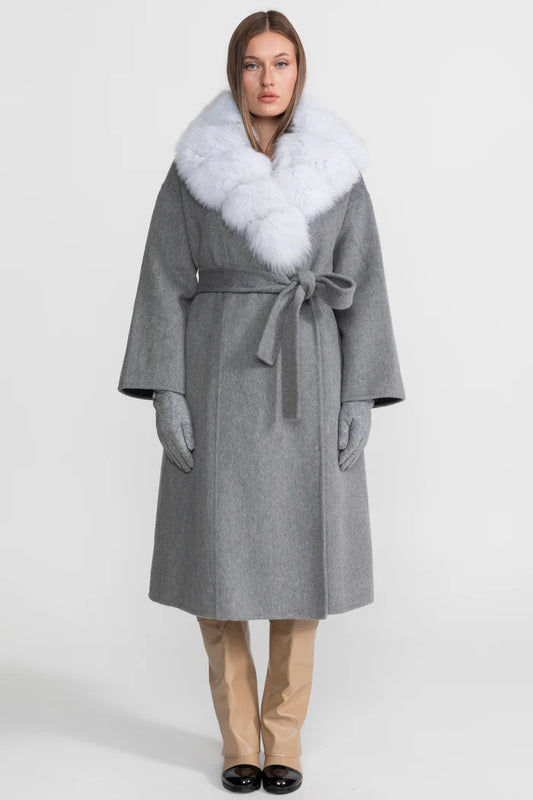 Wool Wrap Coat with Fox Fur Collar And Tie Belt – Gray