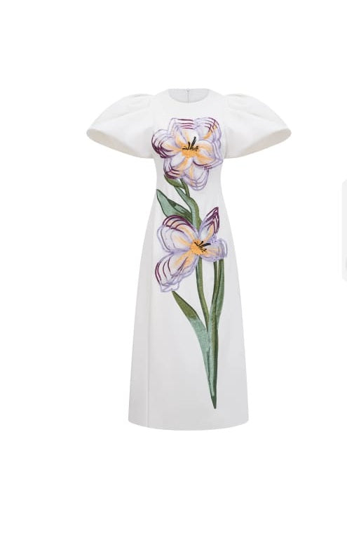 Irène White Sequin Floral Embroidered Midi Dress