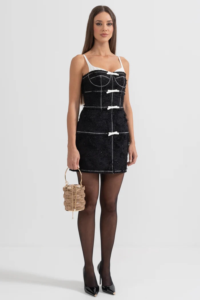 Mini Dress With Feather-Like Patterned Fabric - Black