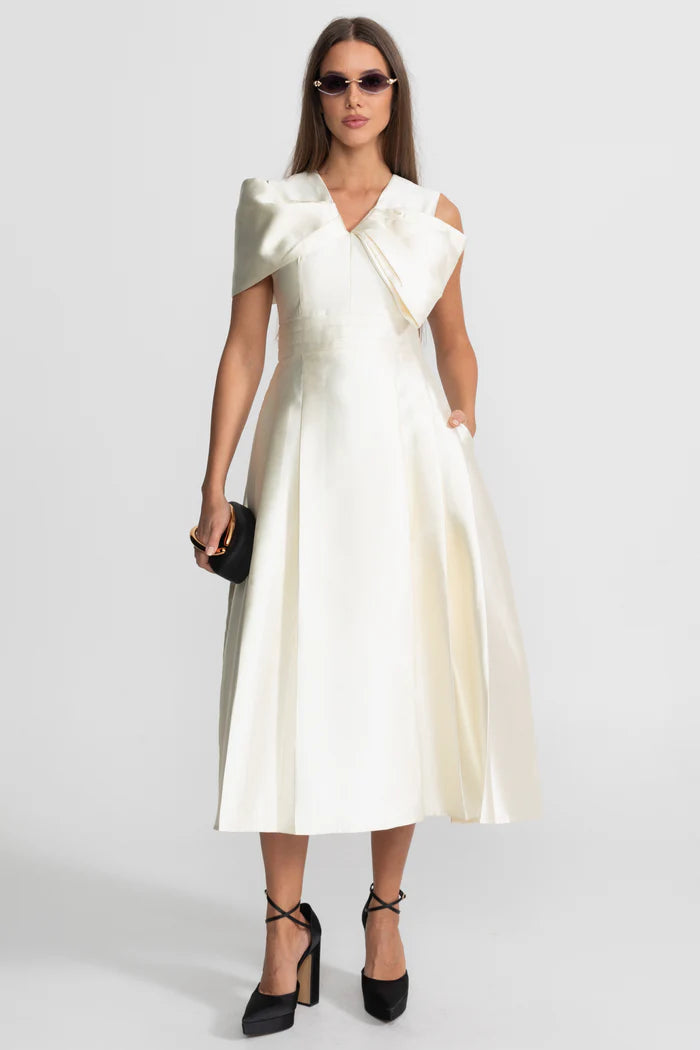 Off-Shoulder Satin Midi Dress With Draped Bow Detail – Ivoire