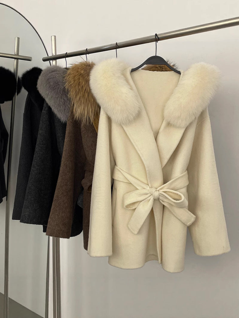 Two-color fur woolen coat