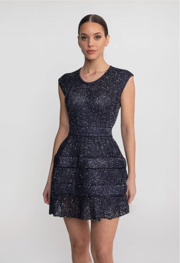 Sequin Cap Sleeve Mini Dress With Tiered Ruffle Skirt - Navy