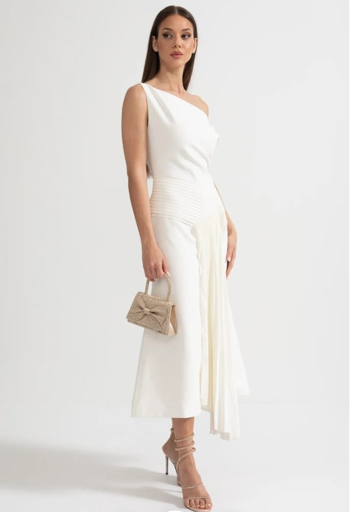 Off-Shoulder Midi Dress With Pleated Waist Detailing - White