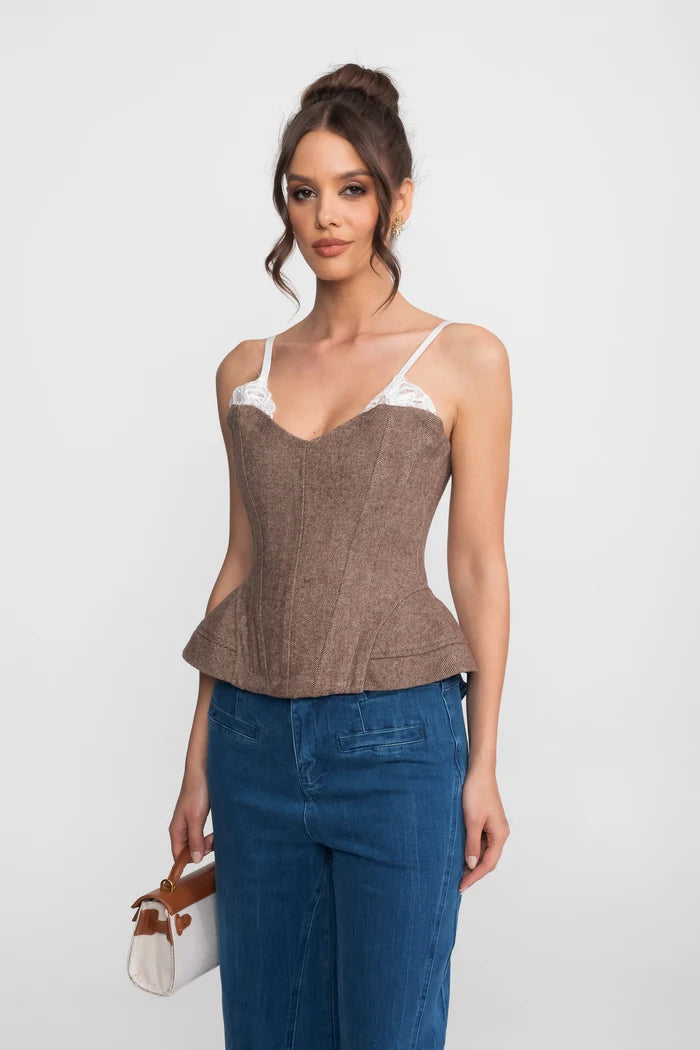 Structured Tweed Corset Top With Lace Straps And Peplum Hem - Brown
