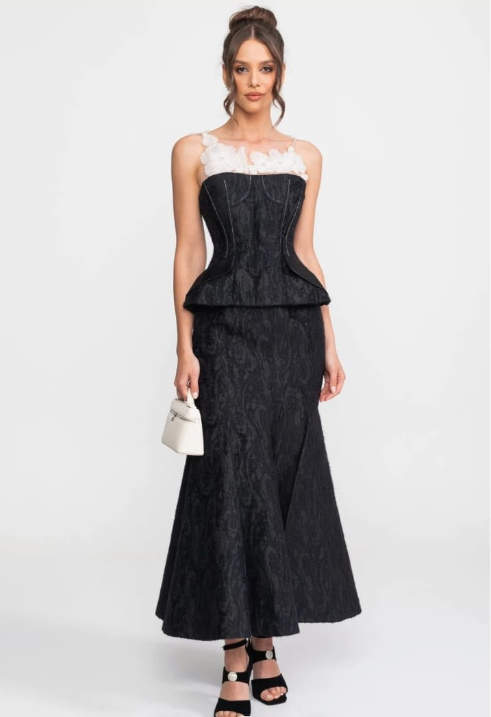 Jacquard Maxi Set With Sheer Floral Neckline And Peplum Waist - Black
