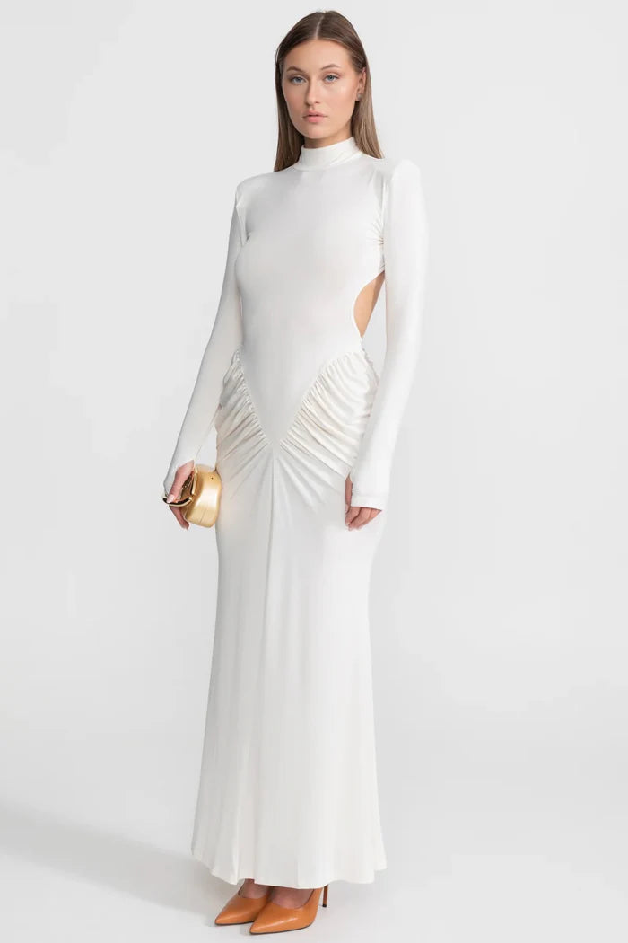 Ruched Maxi Dress With Side Cutouts – White