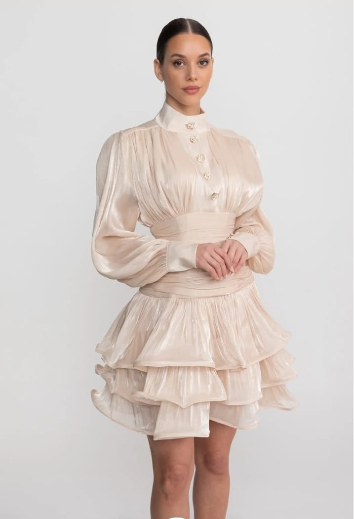 Long Sleeve Draped Mini Dress with Layered Ruffle Skirt - Champagne